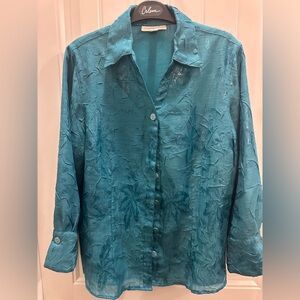 Coldwater Creek Teal  textured Button Down Shirt M Lagenlook vacay